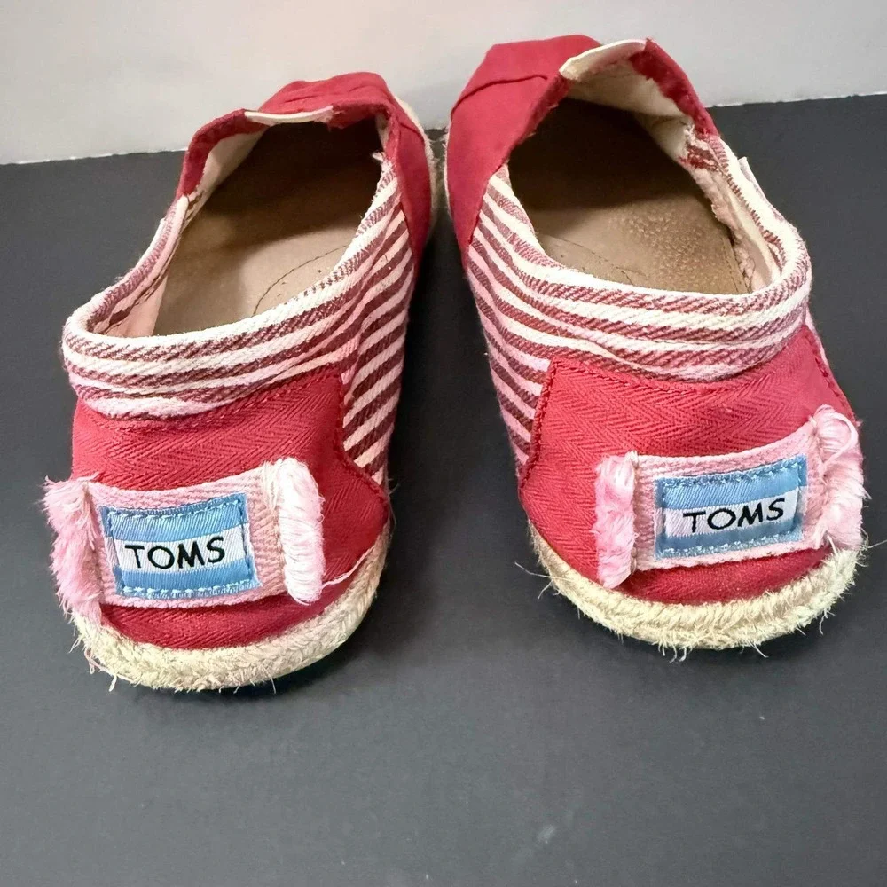 TOMS Red Herringbone Canvas Espadrille Alpargata Flats Striped Heel Womens 7.5